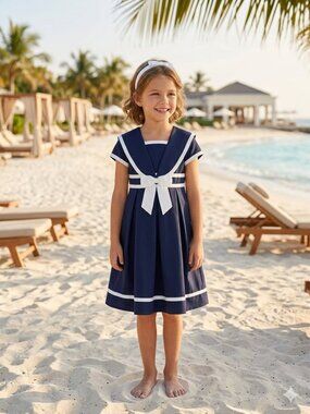 Bonnie Jean Navy Sailor-Style Kids Dress with White Trim Size 5